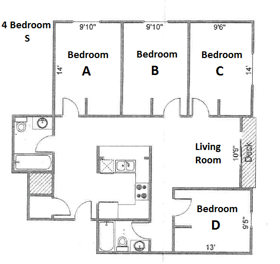 Floor plan for 4 beds, 2 baths, 1125 sqft